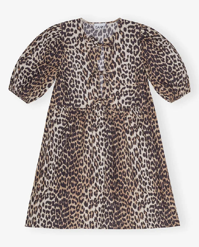 Mini dresses with straight style -Cotton Tie String Mini Dress Leopard