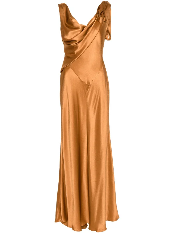 minimalist maxi dresses cheap -draped-detail cognac long dress