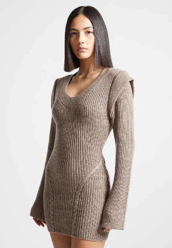 Mini dresses with pearl trim -Wide Shoulder Knitted Contour Mini Dress - Taupe