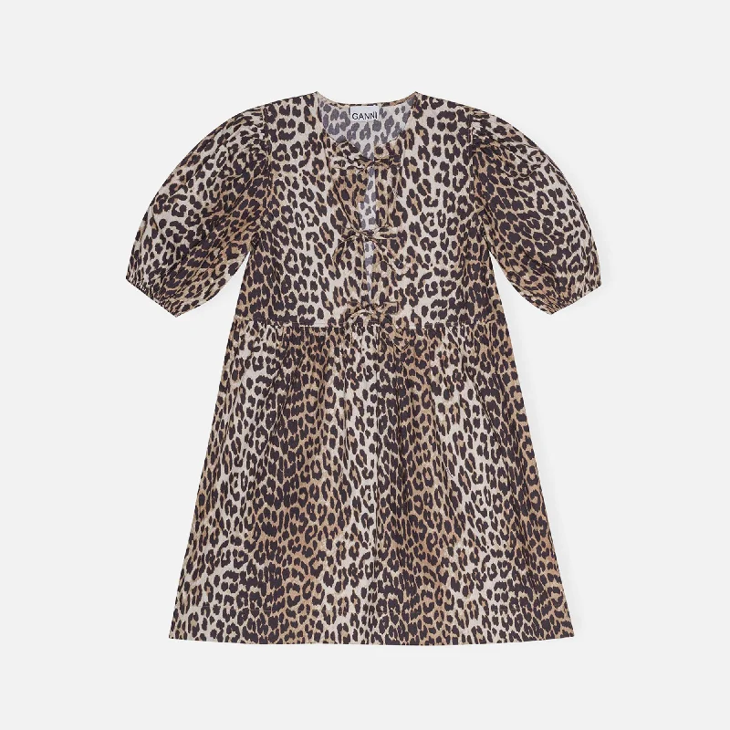 Mini dresses in thin fabric -Ganni Printed Cotton Tie String Mini Dress - Leopard