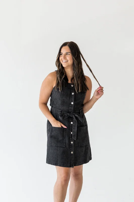 Mini dresses for warm dates -Brandi Button Down Mini Dress | Washed Black