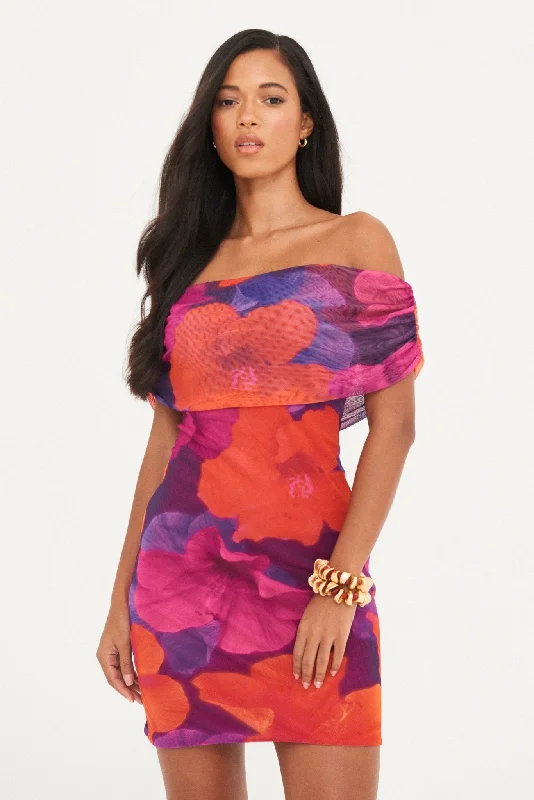 Mini dresses with pearl details -ABSTRACT MESH RUCHED MINI DRESS