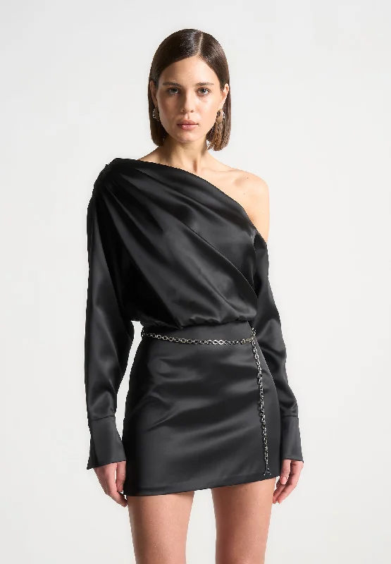 Mini dresses for cocktail brunches -Off Shoulder Draped Satin Mini Dress with Belt - Black