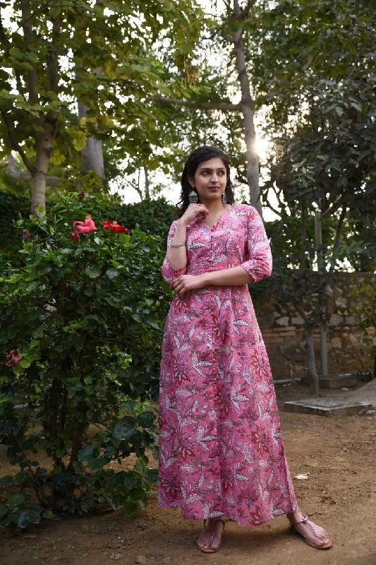 bold green maxi dresses -Women full length pink floral long dress in pure Handblock