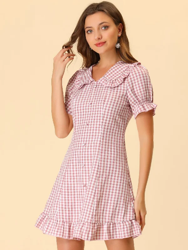 Mini dresses for wine tasting -Gingham Checks Ruffled Peter Pan Collar 1960s Vintage Mini Dress