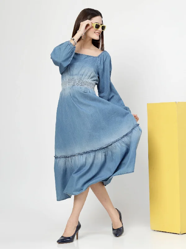 printed silk maxi dresses -Flounce Sleeve Ruffle Hem Shirred Bodice Denim Long Dress