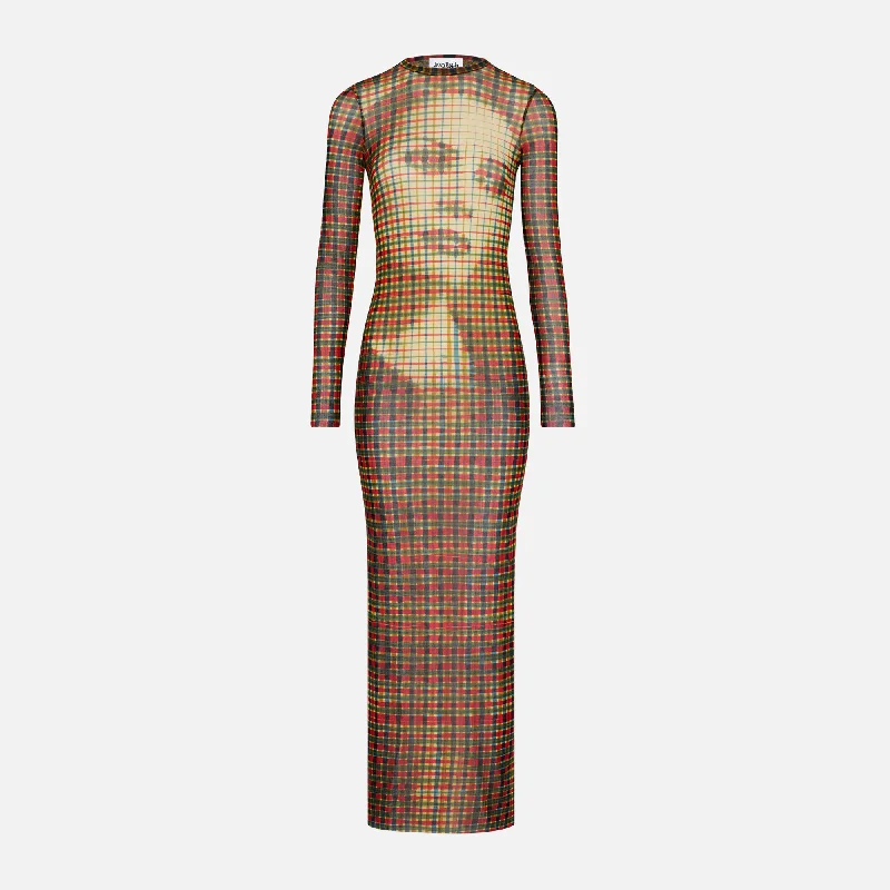 ribbed maxi dresses for fall -Jean Paul Gaultier Mesh Long Dress - Printed Tartan Face