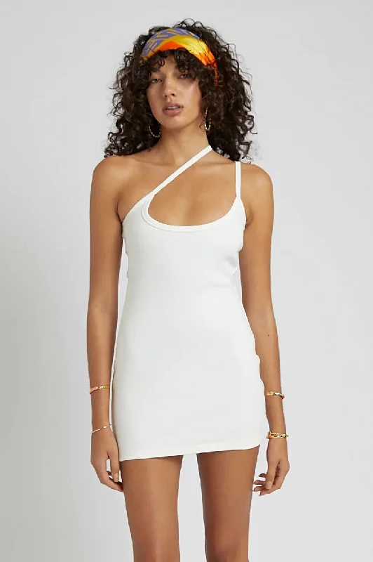 Mini dresses with asymmetrical hem -SUMMI SUMMI Womens One Shoulder Cross Over Mini Dress - White Sand