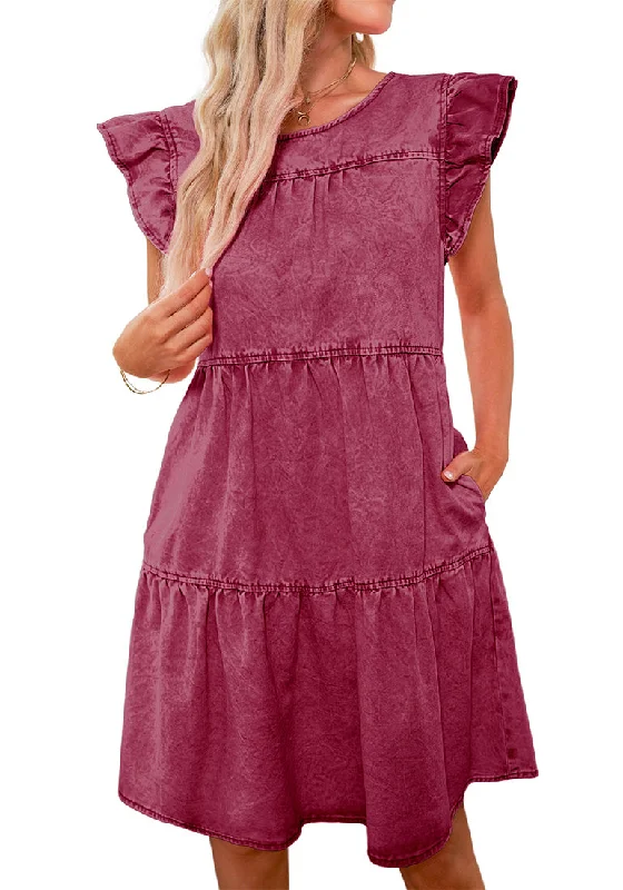 Mini dresses for casual evenings -Baroque Rose Women's Mini Denim Babydoll Sleeveless Ruffle Sleeve Pleated Dress