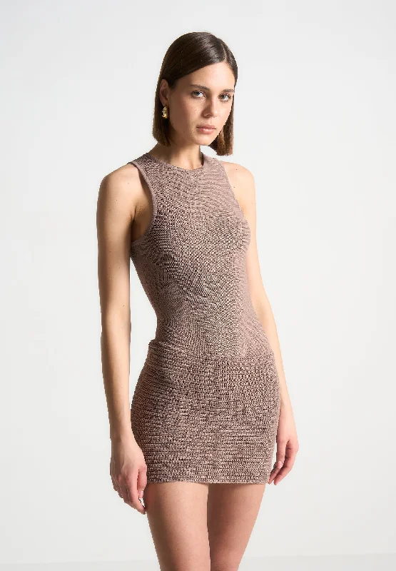 Mini dresses for beach evenings -Asymmetric Knit Mini Dress - Taupe/Beige