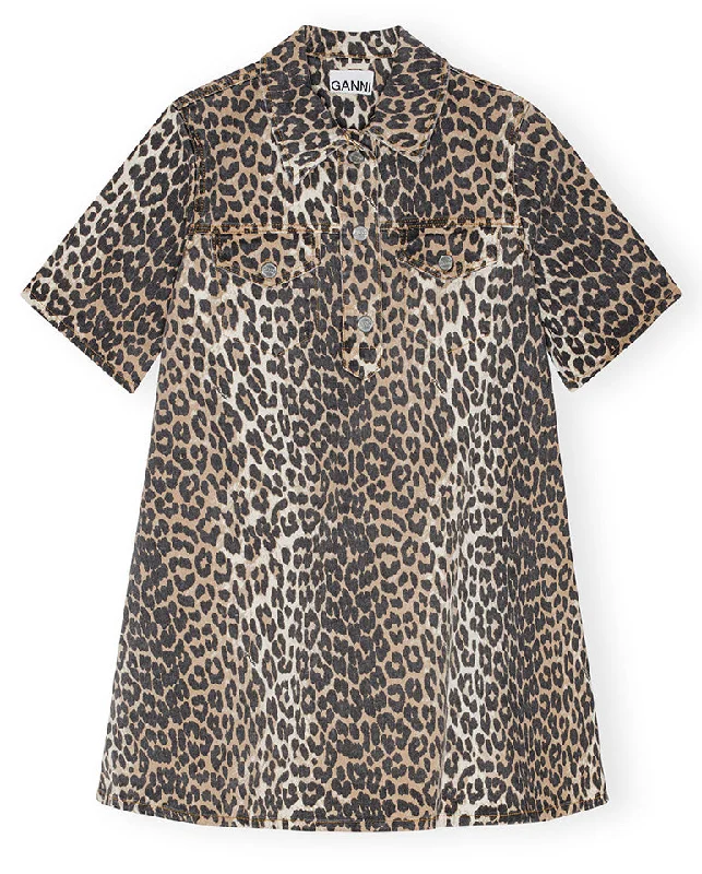 Mini dresses with stiff collar -Print Denim Mini Dress Leopard