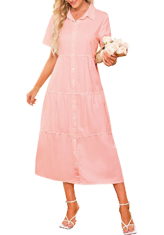 blush pink maxi dresses for brides -Gossamer Pink Women's Button Down Casual Babydoll Vacation Denim Long Dresses