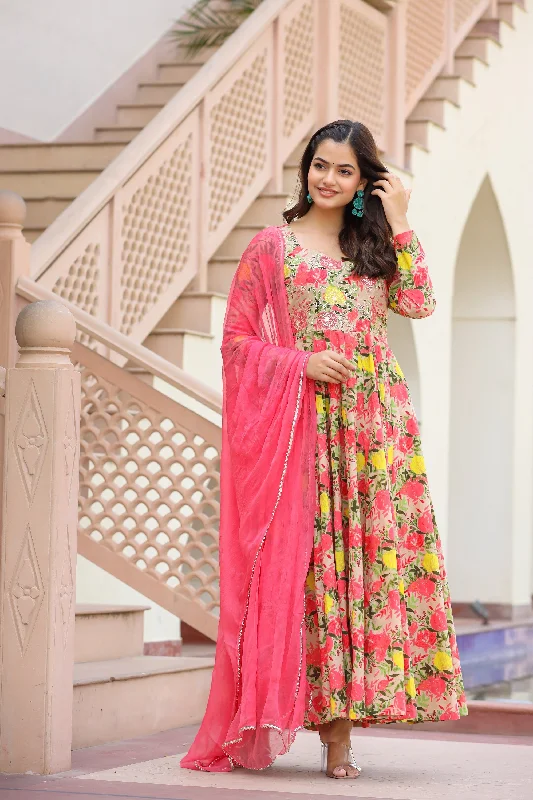 floral chiffon maxi dresses -Aabha Long Chiffon Dupatta Dress