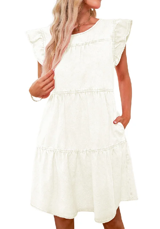 Mini dresses for art events -Brilliant White Women's Mini Denim Babydoll Sleeveless Ruffle Sleeve Pleated Dress