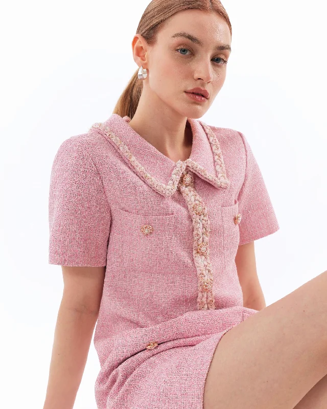 Mini dresses for evening outings -Raya Short Sleeve Tweed Mini Dress