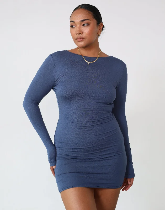 Mini dresses in knit fabric -Luna Long Sleeve Mini Dress (Storm Blue)