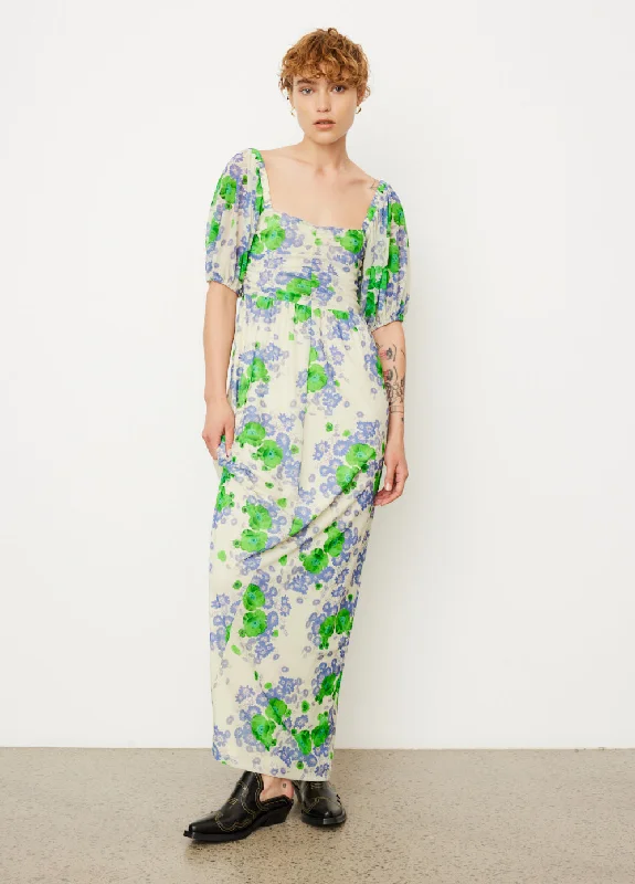 ruffled hem maxi dresses -Printed Mesh Puff Sleeves Long Dress