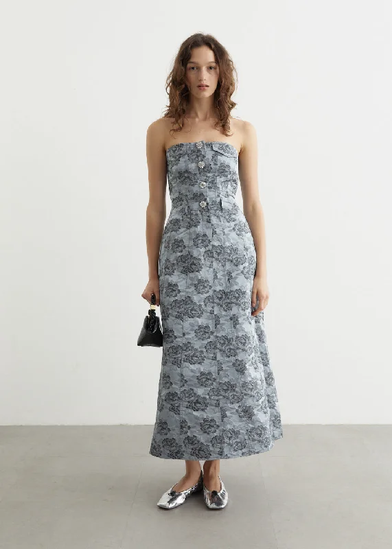 lightweight white maxi dresses -Botanical Jacquard Long Corsage Dress