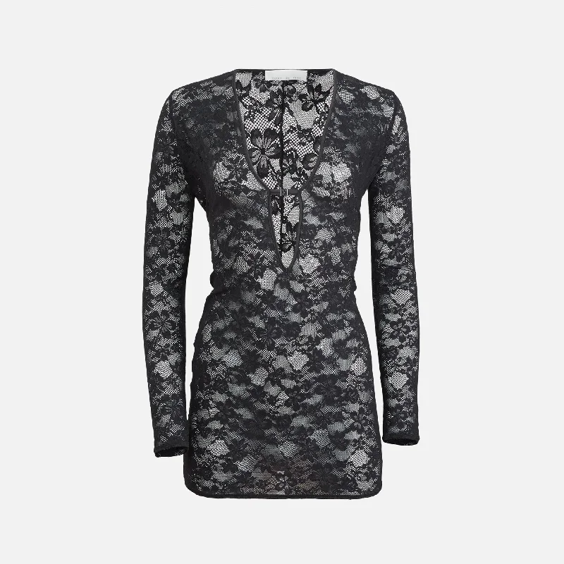 Mini dresses with polo collar -Fleur du Mal Le Stretch Lace Deep Plunge Mini Dress - Black