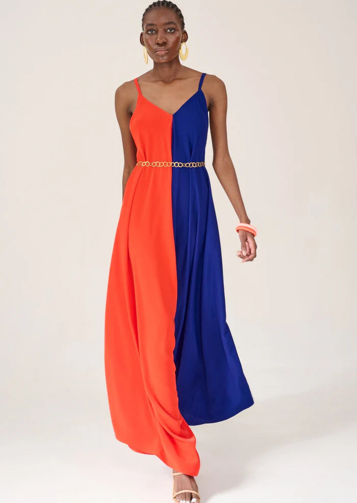 midnight blue maxi dresses -Kahindo Longstreet Color Block Jumpsuit with spaghetti straps and side pockets