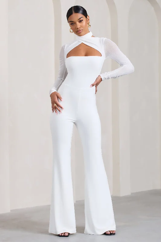 rust maxi dresses for women -Fallon | White Flared-Leg Jumpsuit With Long Mesh Sleeves