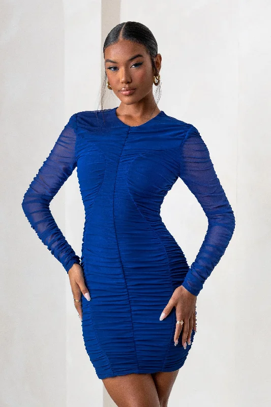 Mini dresses with crochet details -Euphoria | Royal Blue Ruched Mesh Long Sleeve Mini Dress