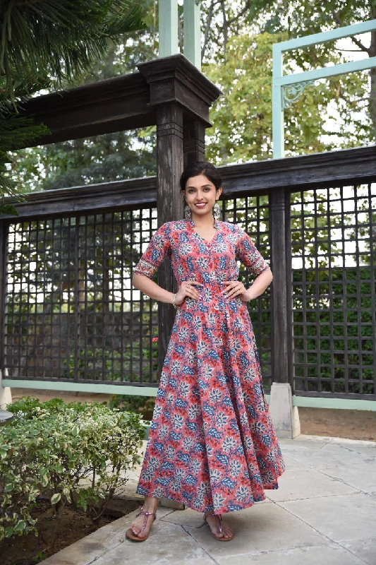 flowy maxi dresses for autumn -Twirl In Pink Pure Handblock Long Summer Dress