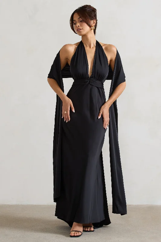 olive maxi dresses for fall -Lucca | Black Satin Long Shawl