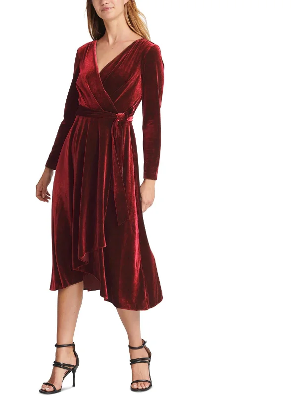 Midi dresses with shift silhouette -Womens Velvet Midi Wrap Dress