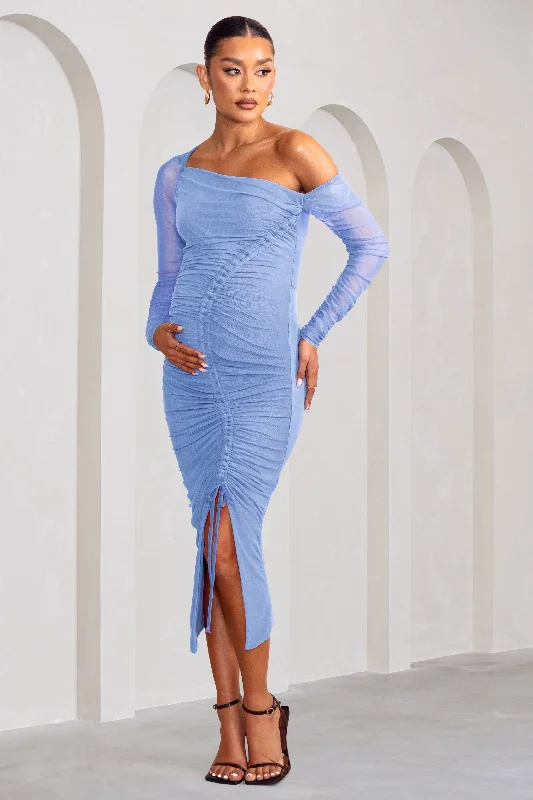 Affordable midi dresses online -Sweet Dreams | Powder Blue Maternity Asymmetric Ruched Midi Dress