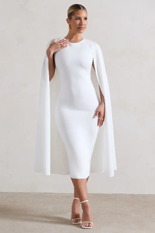 Midi dresses for beach dinners -Rafaela | White Bodycon Midi Dress With Cape Sleeves