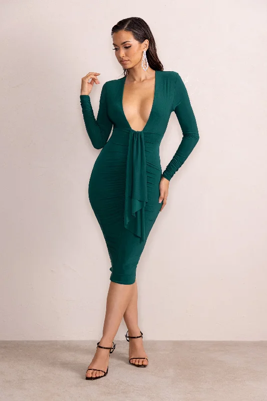 Midi dresses for summer outings -Inspirational | Bottle Green Plunge Neck Long Sleeves Ruched Midi Dress With Drape Detail