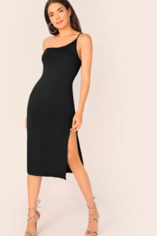 Midi dresses with glitter trim -One Shoulder Midi Dress Black