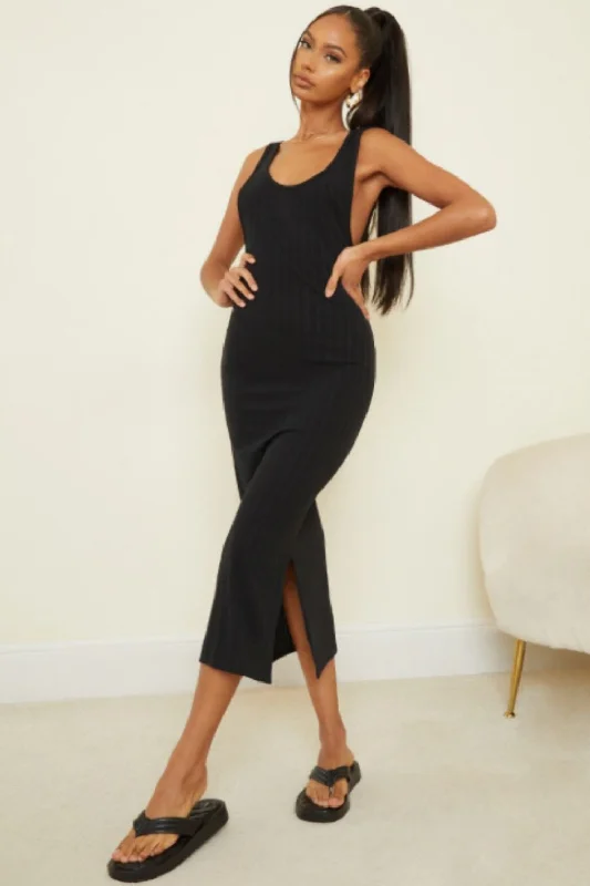 Midi dresses for beach nights -Black Scoop Neck Midi Bodycon Dress