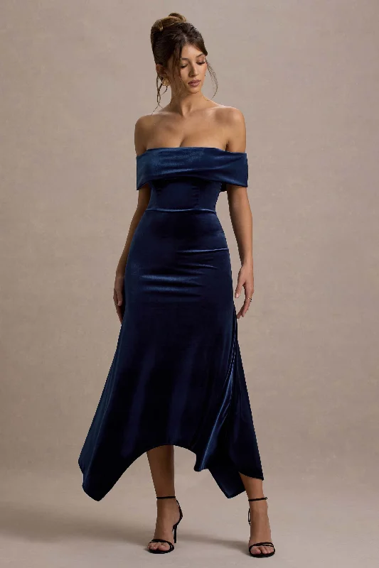 Midi dresses with wide collar -Halia | Navy Velvet Bardot Midi Dress