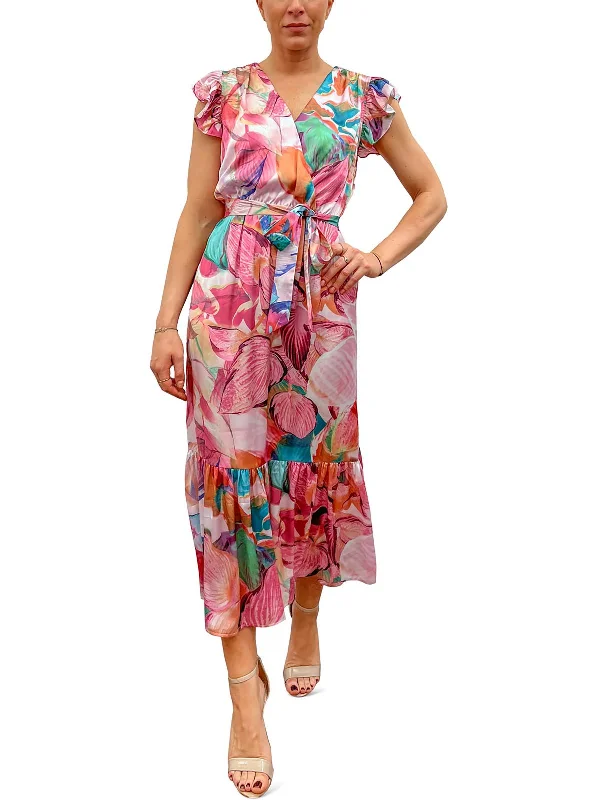 Midi dresses for beach outings -Womens Floral Faux Wrap Midi Dress