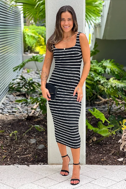 Midi dresses with tight collar -Black And White Striped Midi Dress