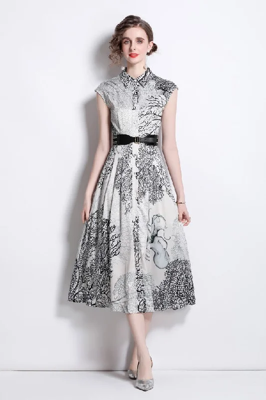 Midi dresses for live shows -White & Black Day A-line Shirt Colar Sleeveless Midi Printed Dress