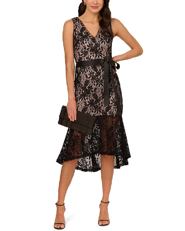 Midi dresses for beach dinners -Adrianna Papell Lace Midi Flounce Dress