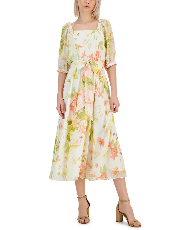 Midi dresses with velvet trim -Womens Floral Print Chiffon Midi Dress