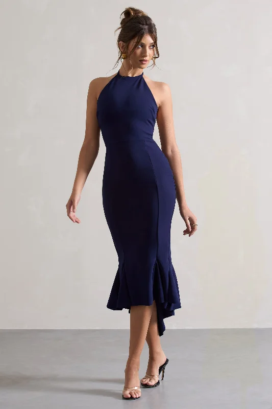 Midi dresses with babydoll style -Maluma | Navy Halter-Neck Midi Dress