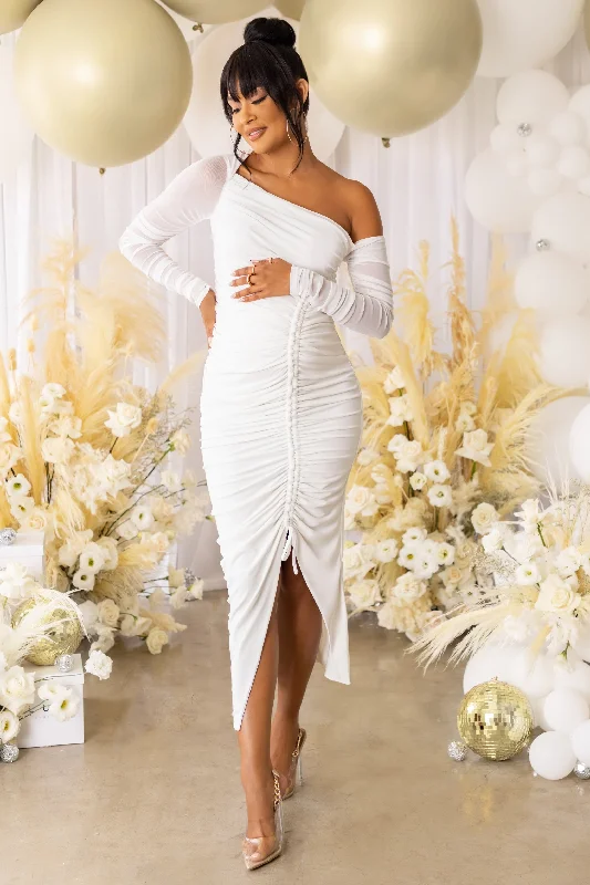 Midi dresses in metallic shades -Sweet Dreams | White Maternity Asymmetric Ruched Midi Dress