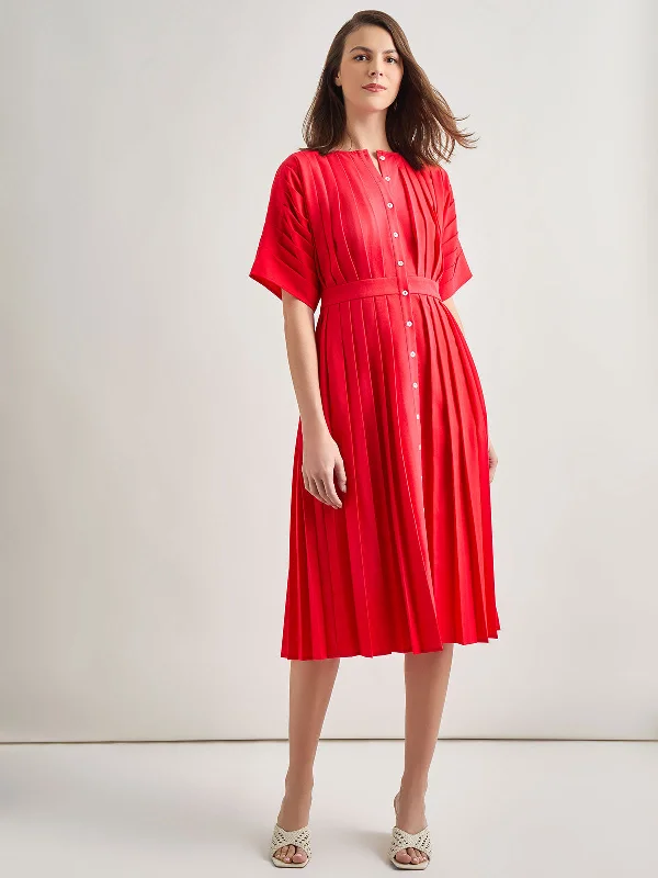 Midi dresses with stand collar -Midi Fit & Flare Dress - Hand Pleated Woven