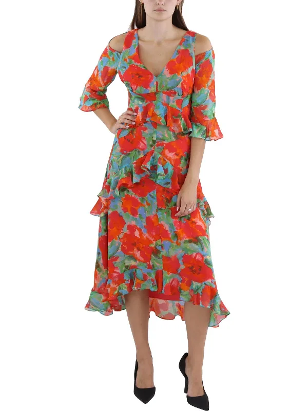 Midi dresses for graduation -Womens Floral Print Midi Fit & Flare Dress