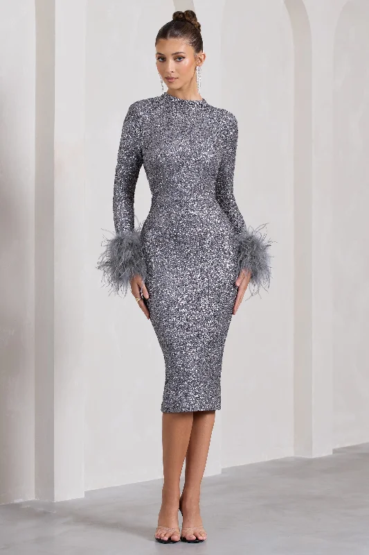 Midi dresses with sequin overlay -Marilyn | Silver Sequin Long-Sleeved Midi Dress With Feather Cuffs