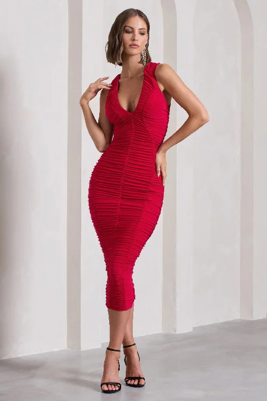 Midi dresses for evening brunches -Tempting Fate | Red Ruched Bodycon V-Neck Midi Dress