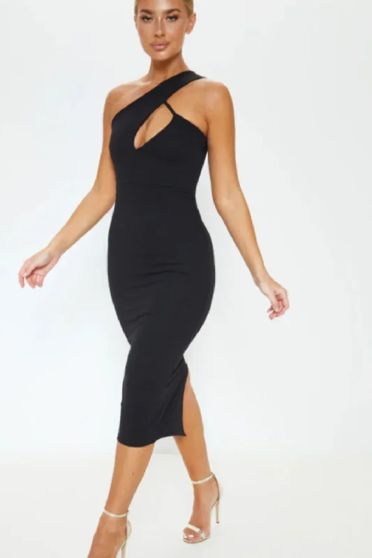 Midi dresses with flared collar -Asymmetrical Neck Line Black Midi Dress