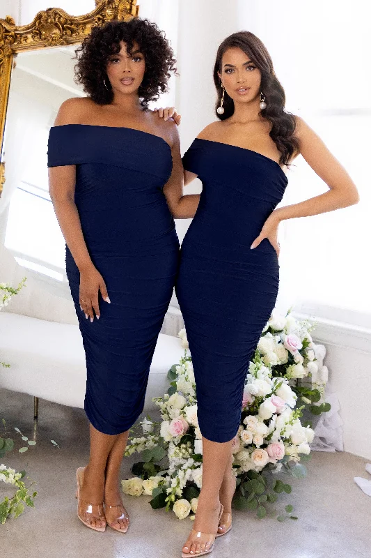 Midi dresses for farewell parties -Remember Me | Plus Navy One Shoulder Midi Dress