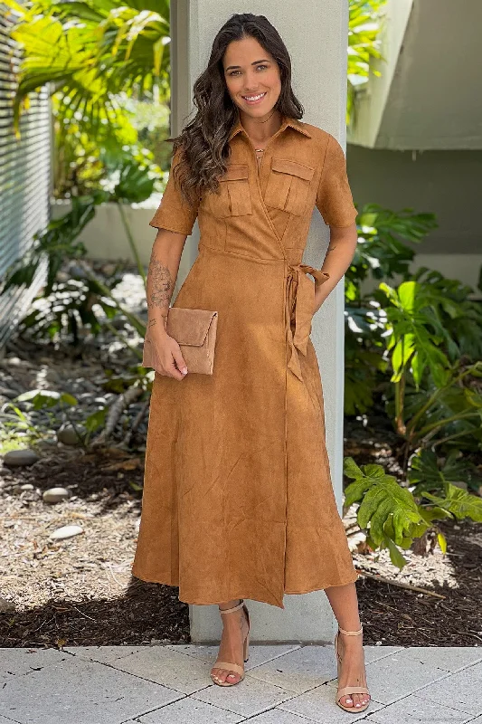 Midi dresses for summer evenings -Mocha Suede Midi Dress