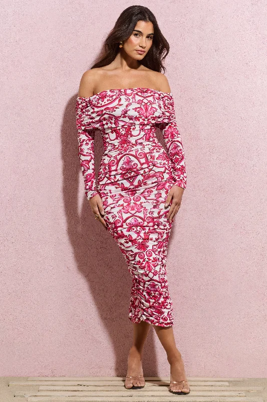 Midi dresses with square neckline -Over Love | Pink Porcelain Print Bardot Midi Dress